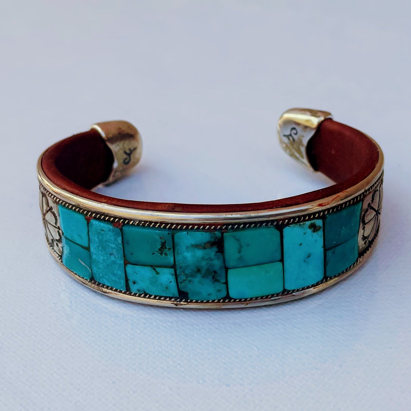 Turquoise Inlay & Stamped Sterling Silver