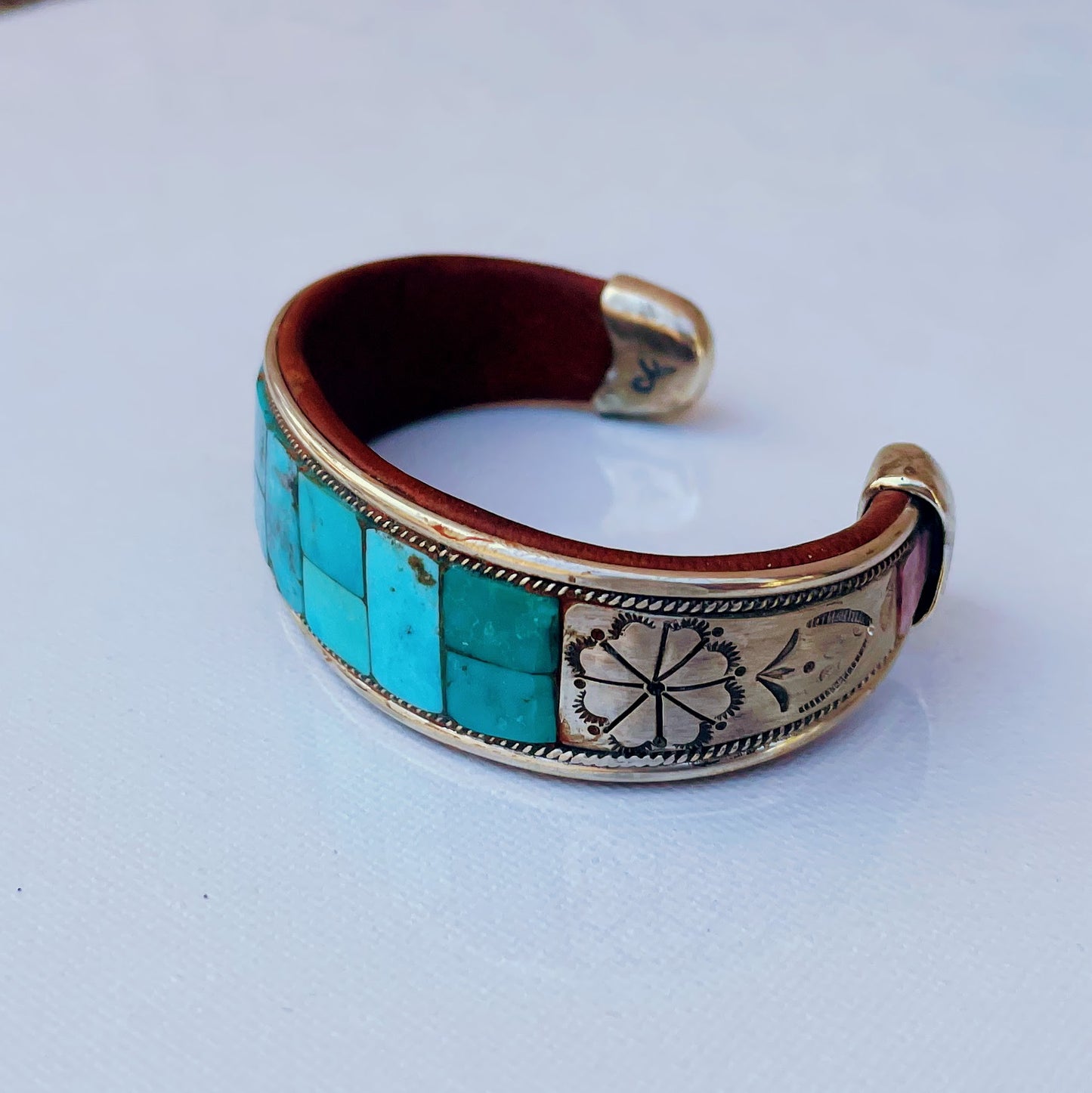 Turquoise Inlay & Stamped Sterling Silver