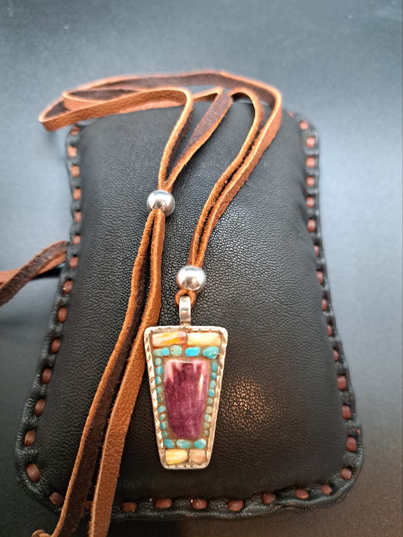 Sterling Silver Pendant with Mosaic Inlaid Turquoise and Spiny Oyster Shell