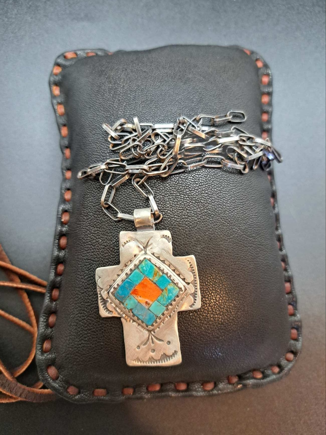Cross Silver Pendant with Mosaic Inlaid Turquoise and Spiny Oyster Shell + Chain