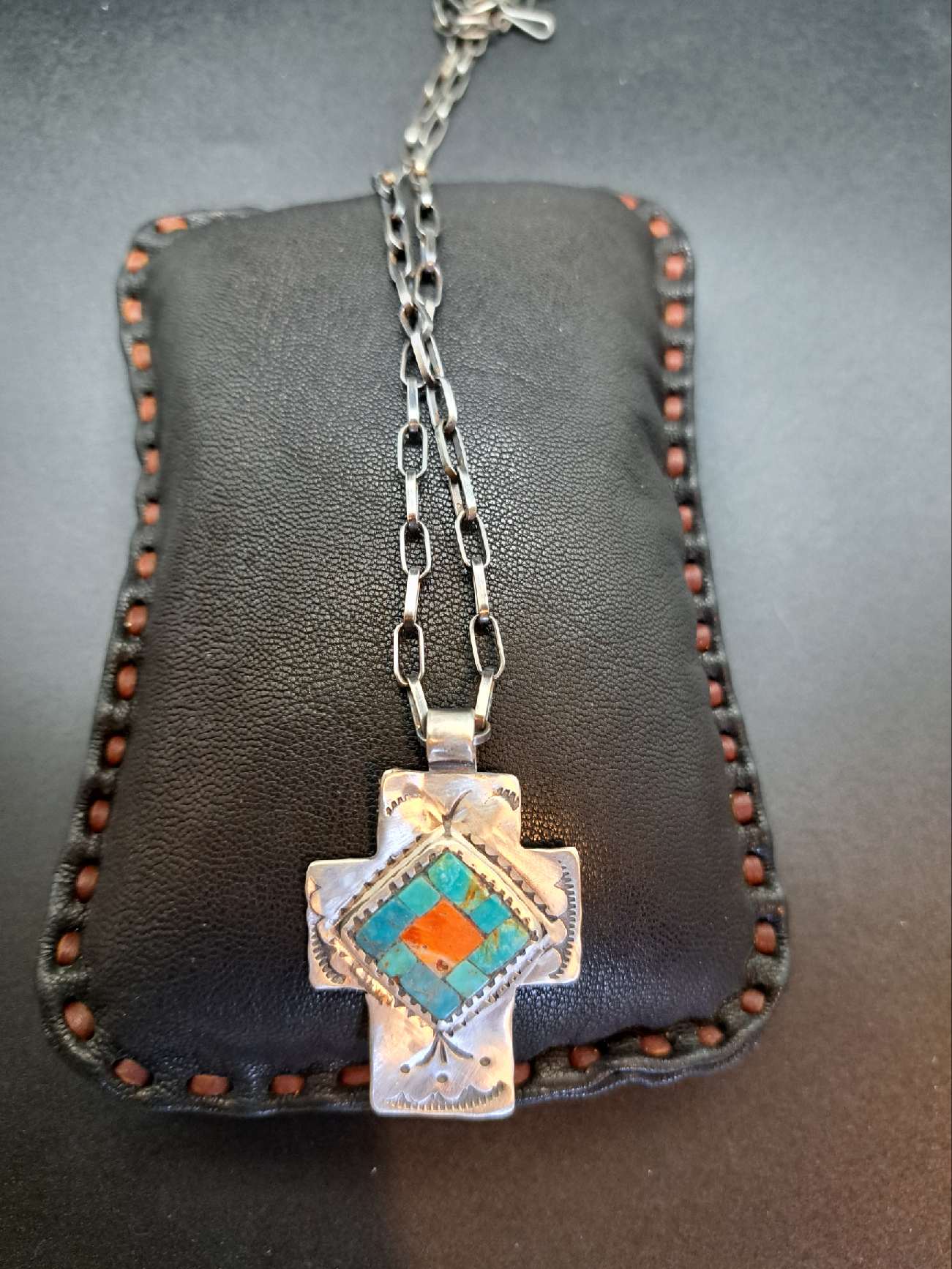 Cross Silver Pendant with Mosaic Inlaid Turquoise and Spiny Oyster Shell + Chain