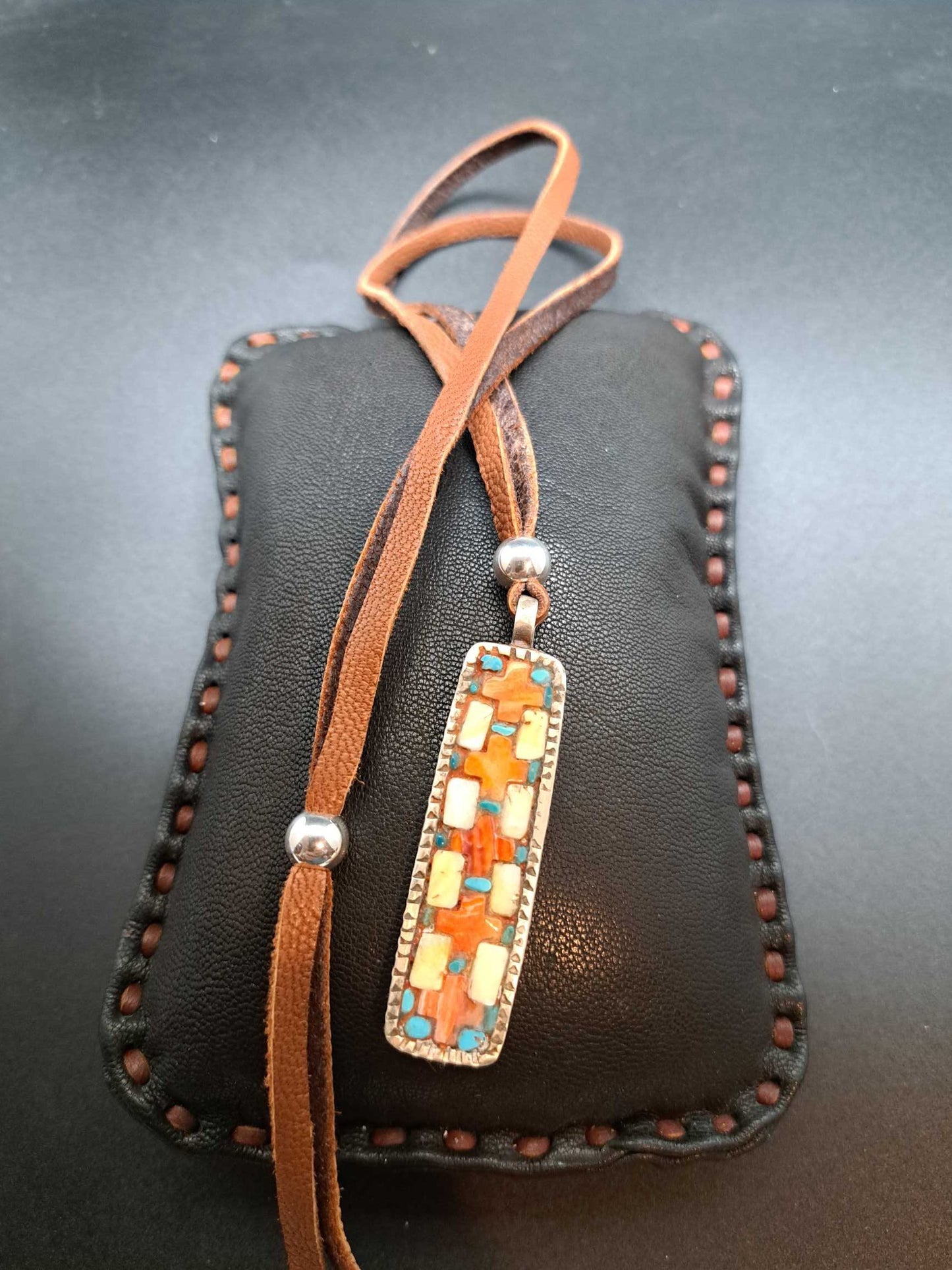 Sterling Silver Pendant with Mosaic Inlaid Turquoise and Spiny Oyster Shell