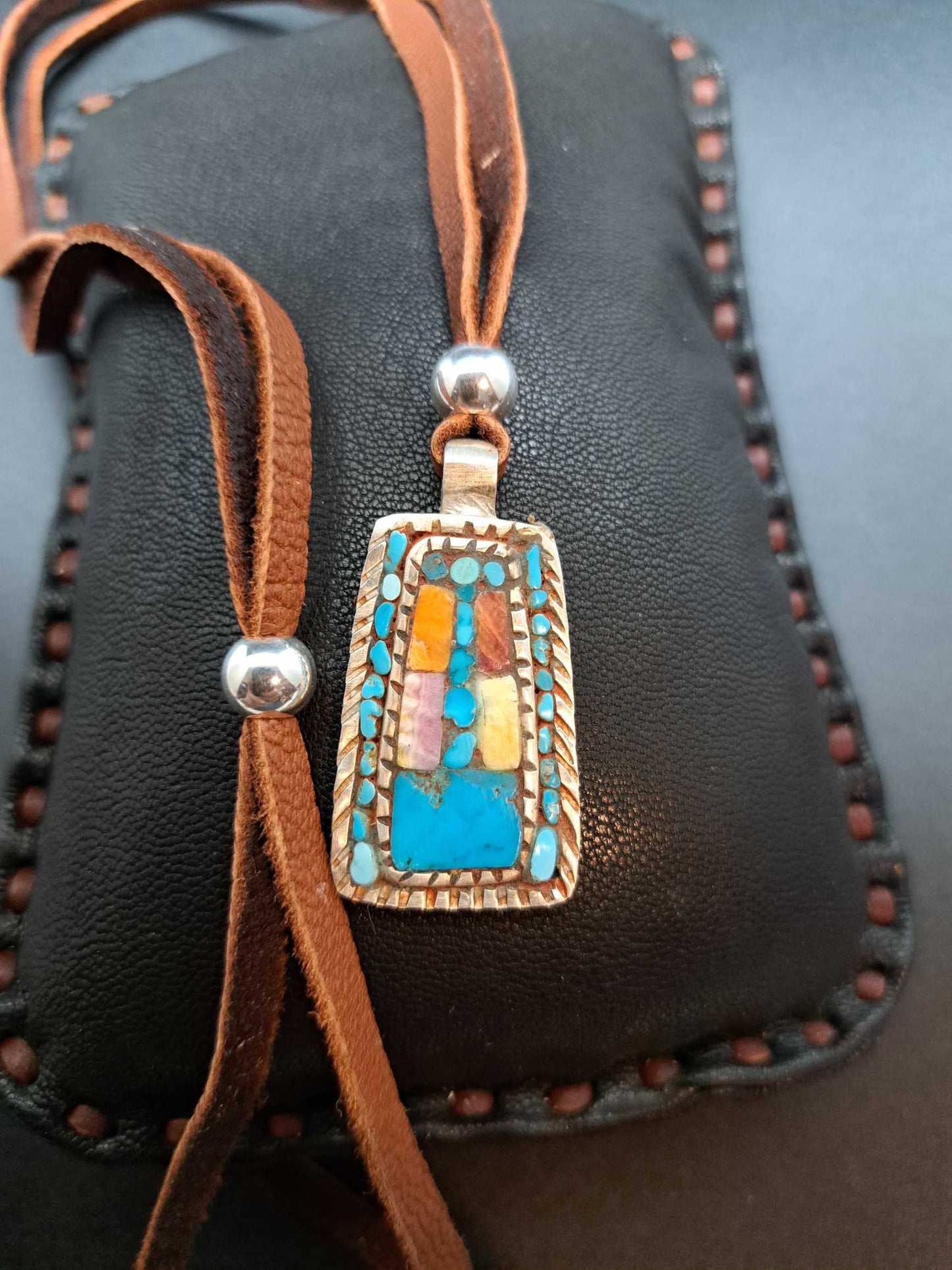 Sterling Silver Pendant with Mosaic Inlaid Turquoise and Spiny Oyster Shell