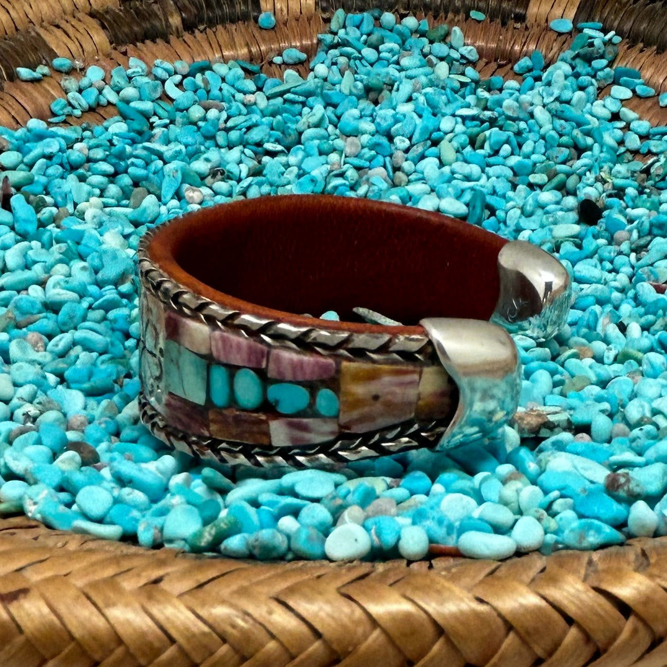 Silver, Turquoise & Spiny Oyster Inlay Cuff