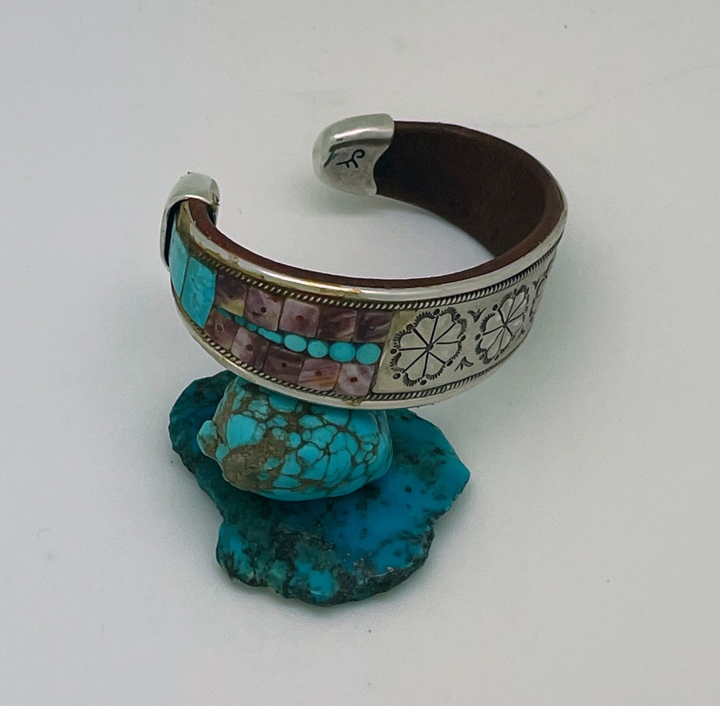 Stamped Sterling Silver with Spiny Oyster & Turquoise Inlay