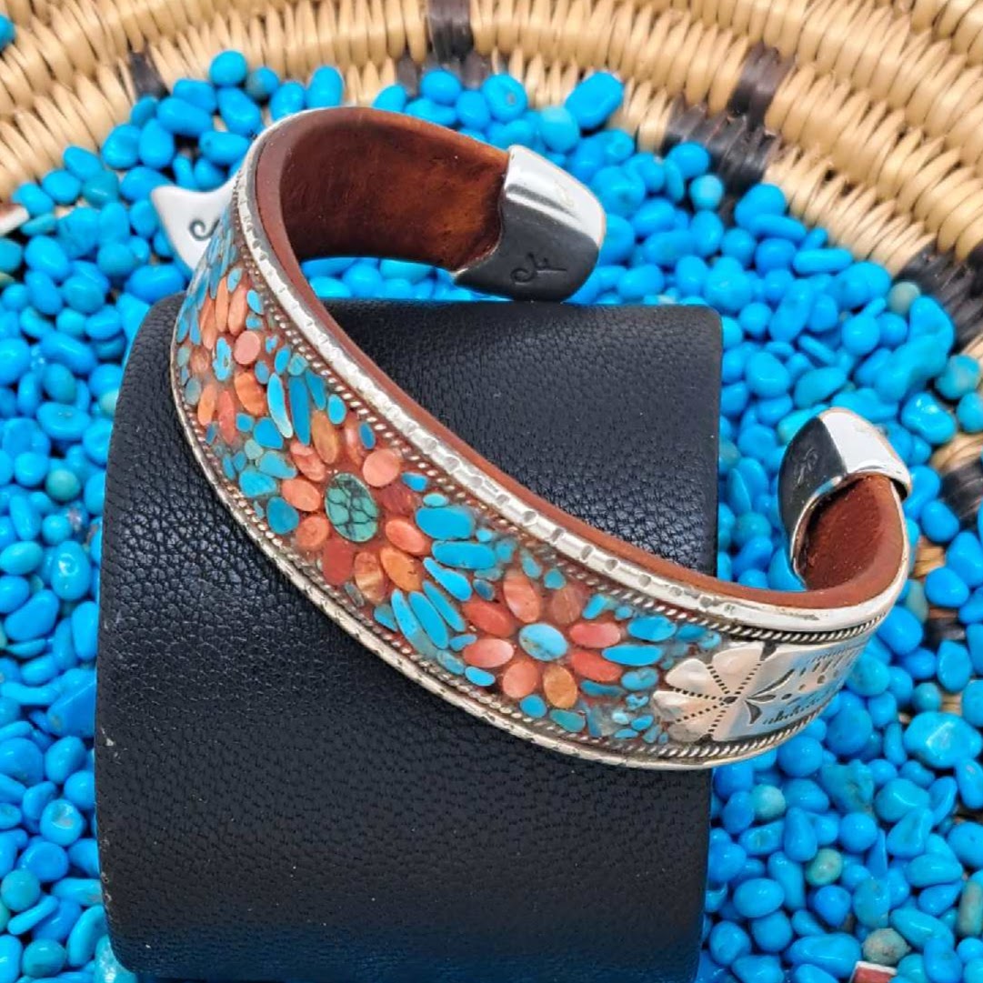 Turquoise, Spiny Oyster, & Sterling Silver Inlay Cuff
