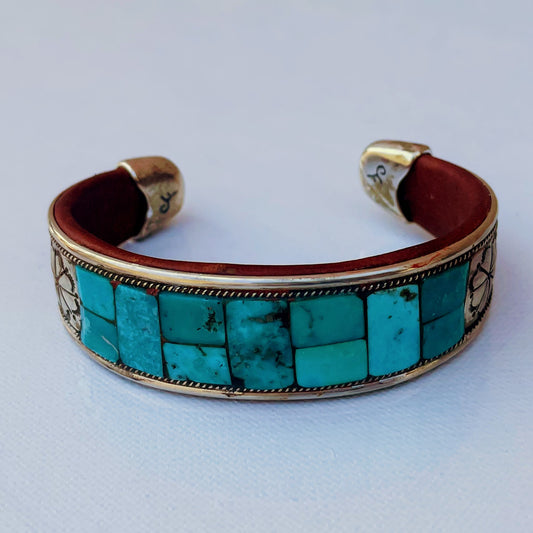 Turquoise Inlay & Stamped Sterling Silver