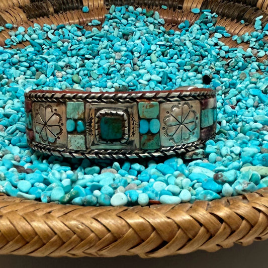 Silver, Turquoise & Spiny Oyster Inlay Cuff
