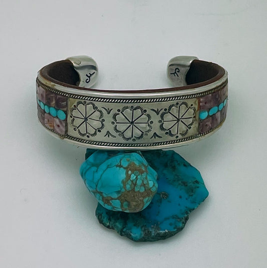 Stamped Sterling Silver with Spiny Oyster & Turquoise Inlay